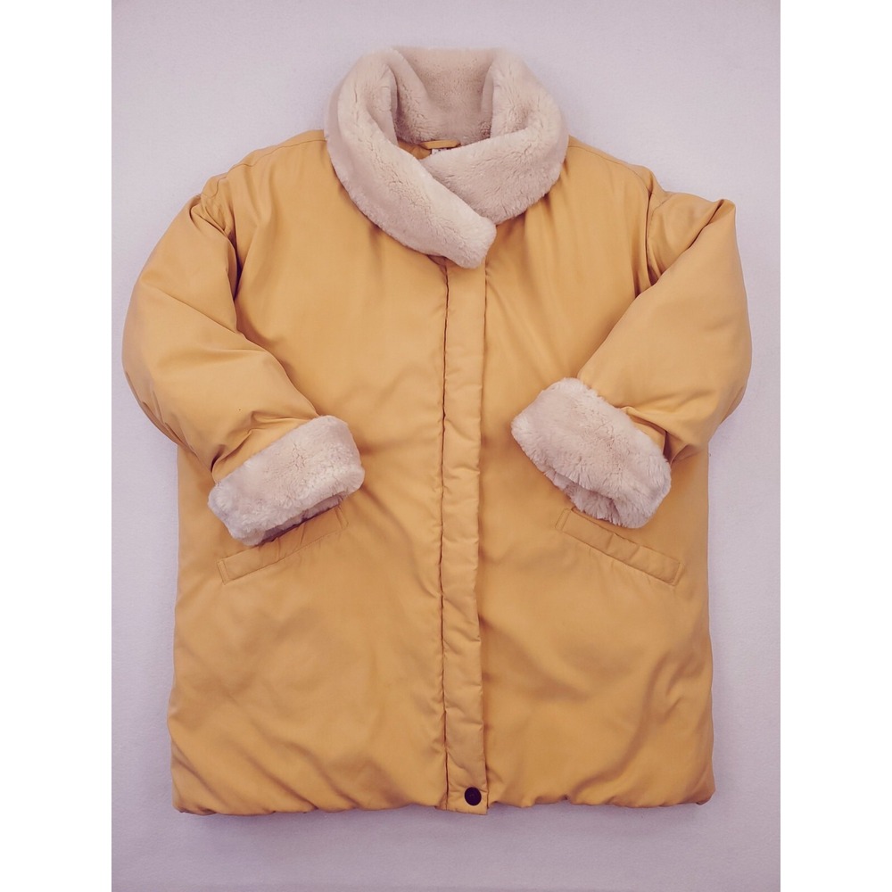 Marvin Richards Coat Womens Medium Yellow Down Puffer Parka Faux Fur Trim Winter